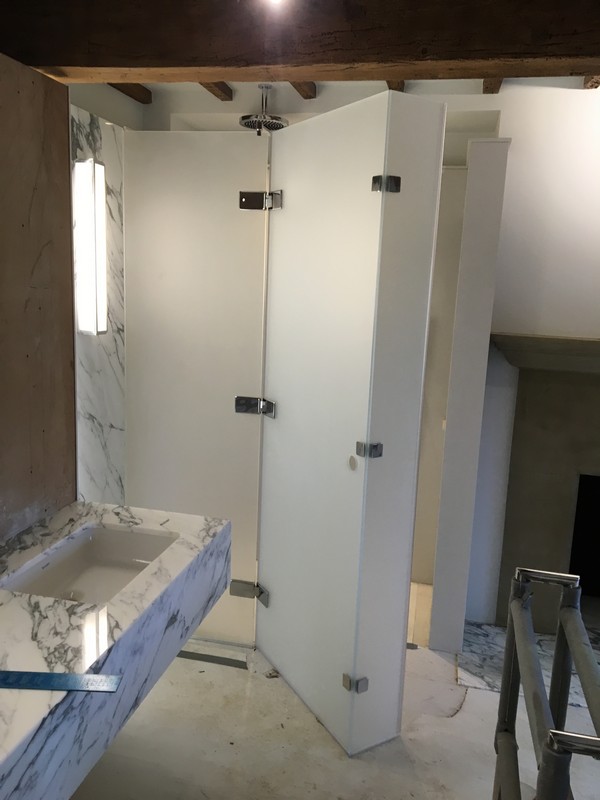 Bespoke frosted glass shower enclosure in Chingford luxury bathroom